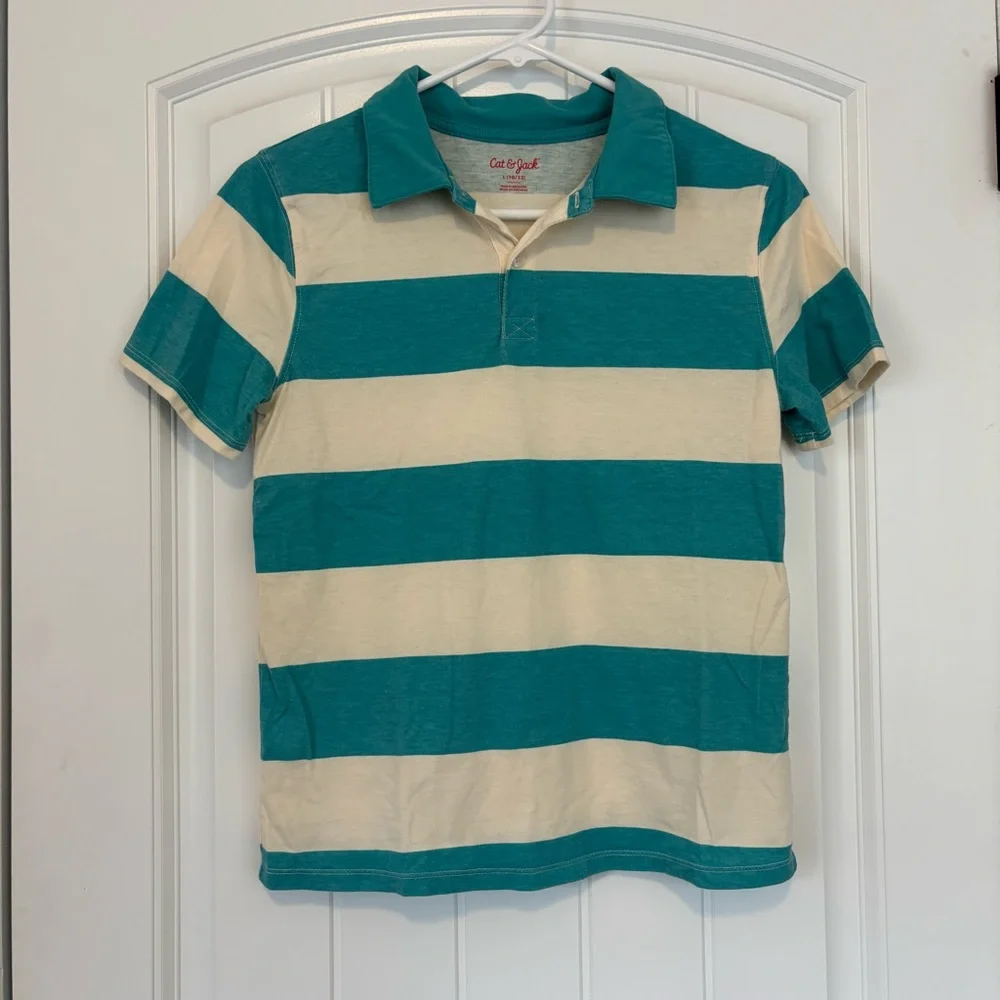 Cat & Jack Teal and Cream Striped Kids Polo Shirt Size Large 10/12